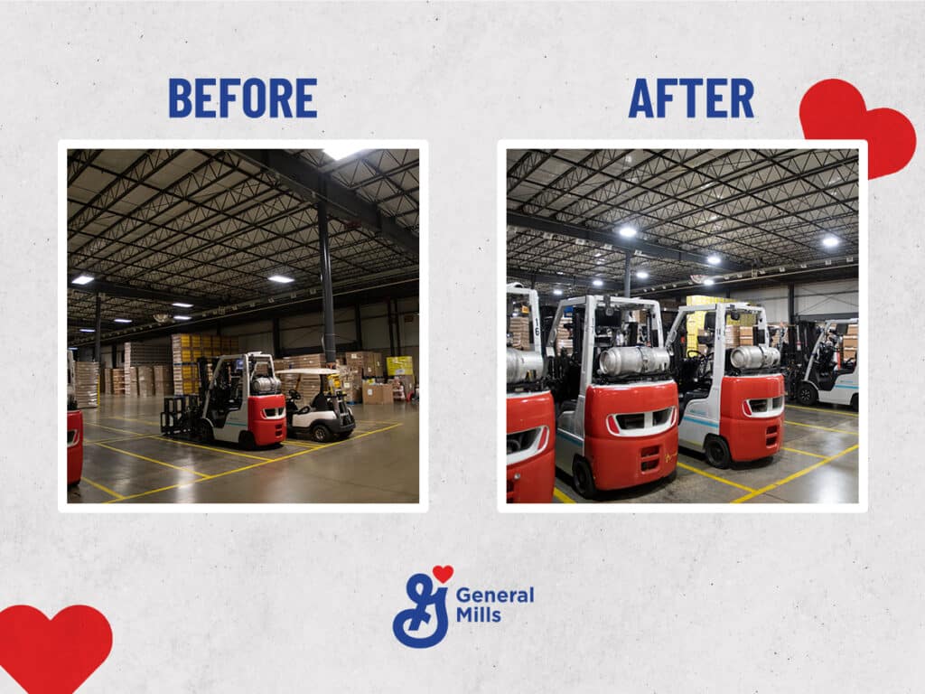 Before and after images of LED lighting project at General Mills in Cedar Rapids, Iowa