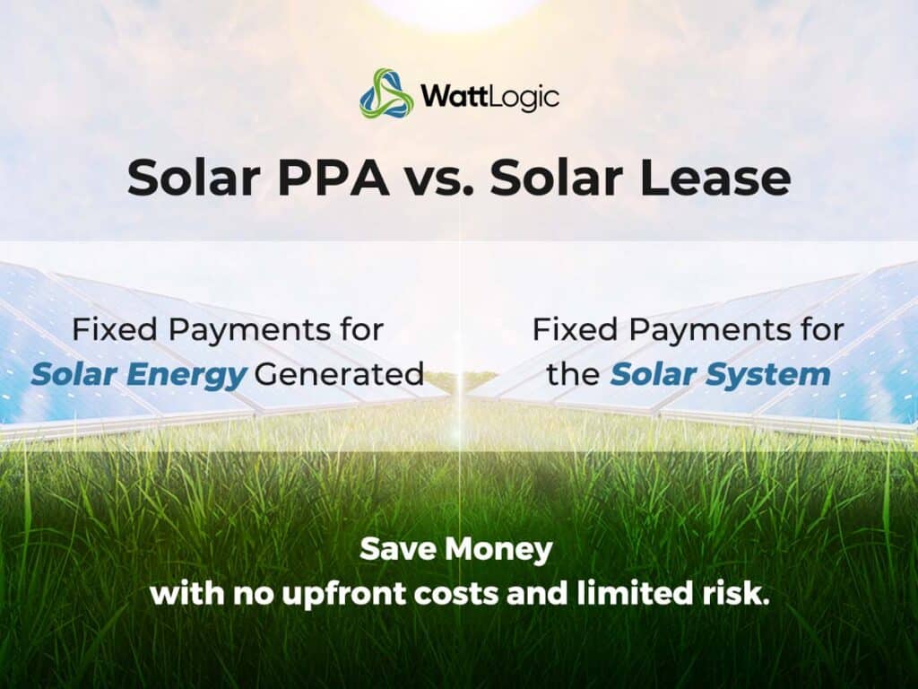 Image of solar panels on grass with sun. Shows differences between solar PPAs and solar leases.
