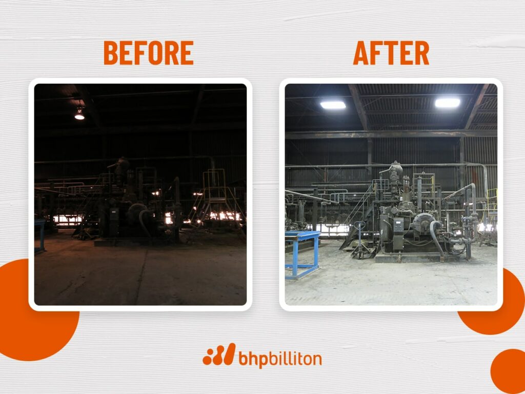 Shows before and after images of lighting project at BHP Billiton in Arizona