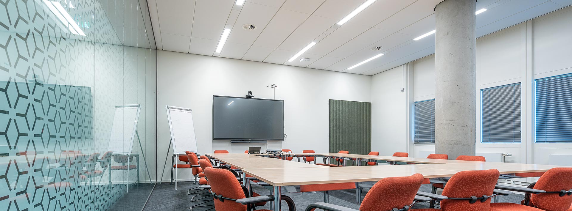 conference room interior of a modern office with LED lighting