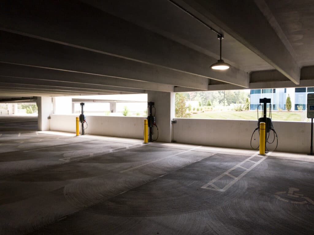 EV charging stations installed inside a parking garage