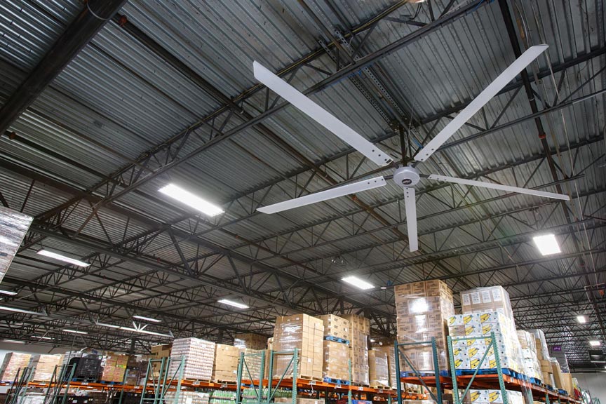 high volume low speed ceiling fan installed in a facility