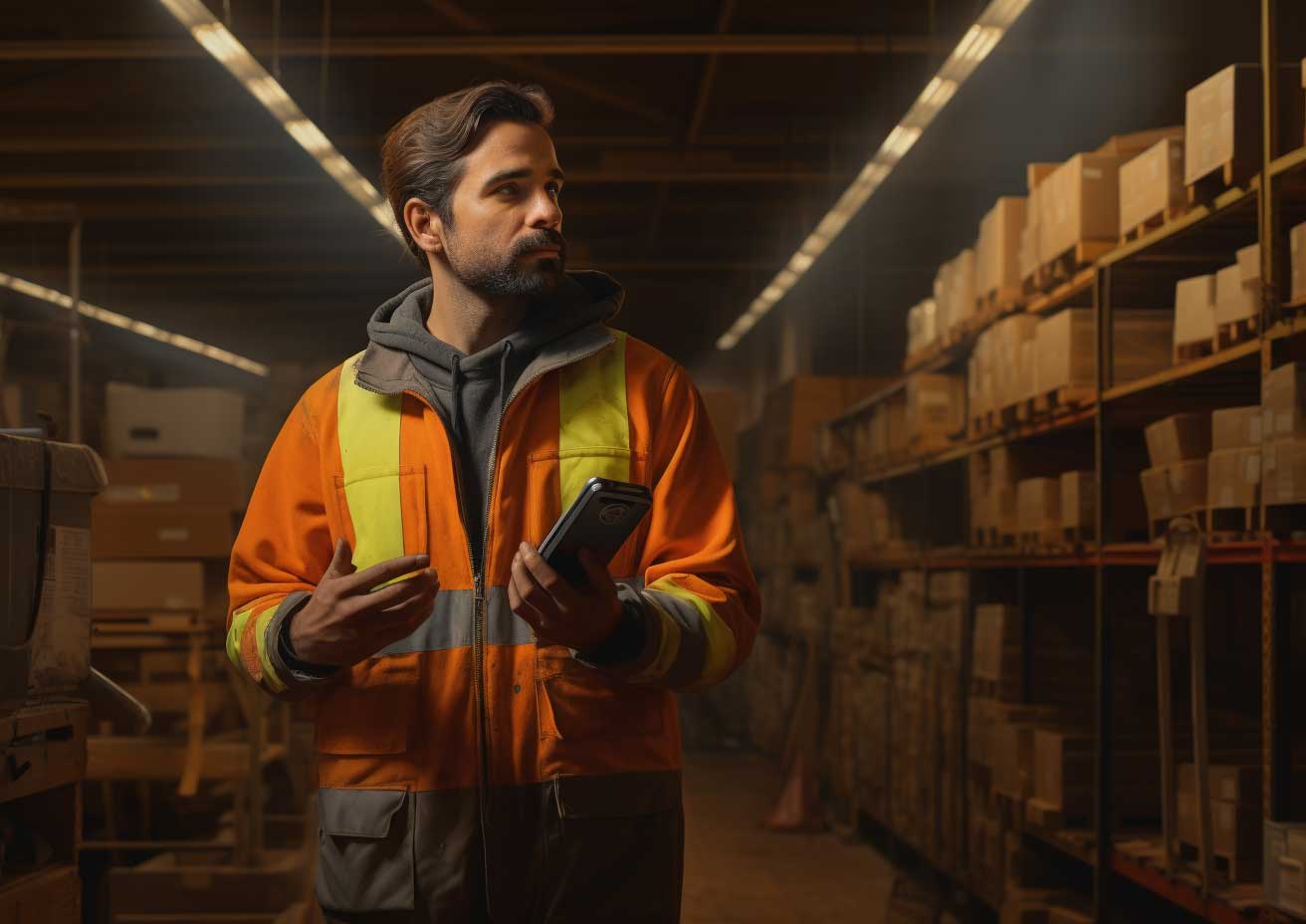 A warehouse worker using his phone in a warehouse.