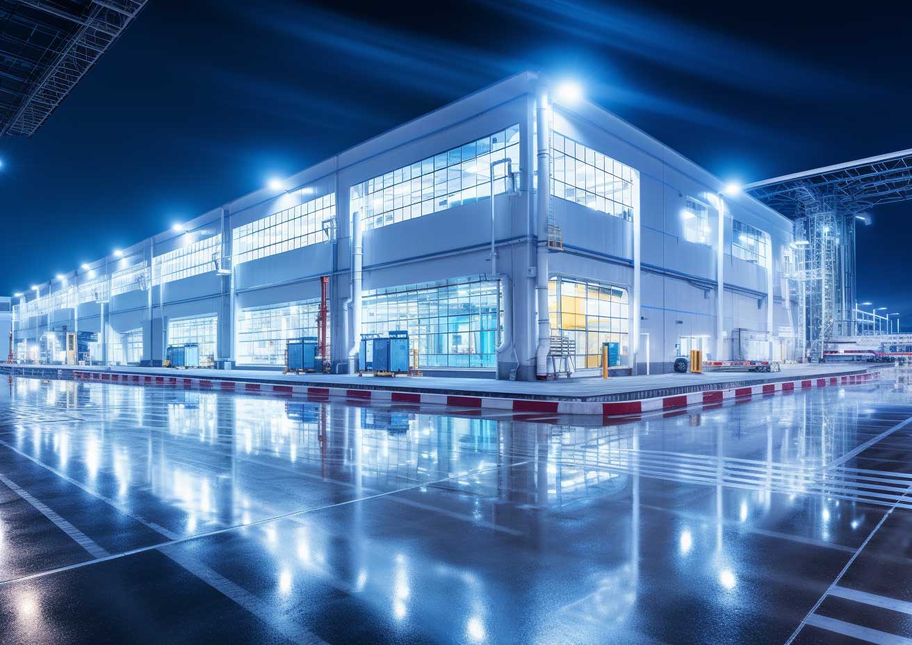 An industrial building at night with mesmerizing LED lighting reflections.