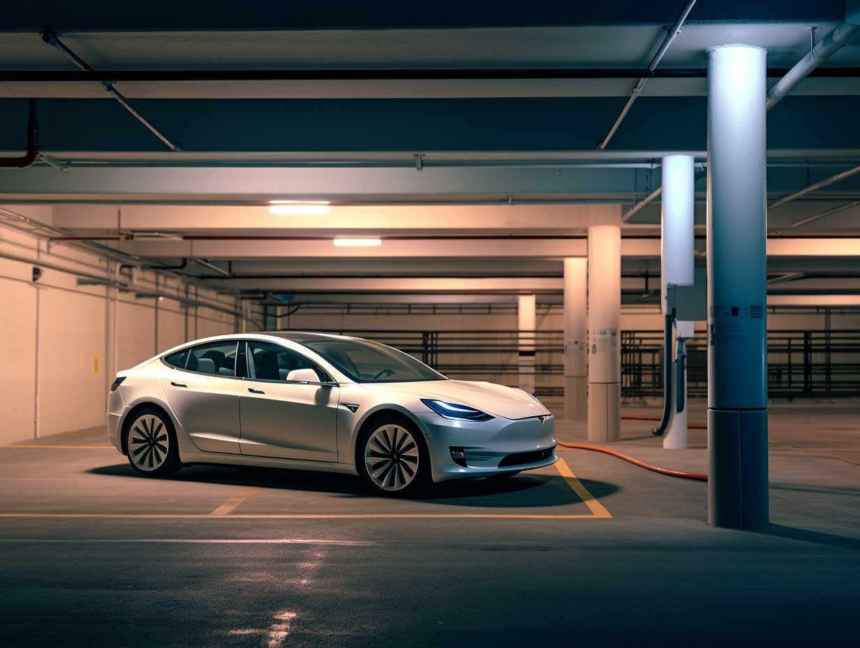 A Tesla Model 3 parked in a garage at night, waiting to be charged.