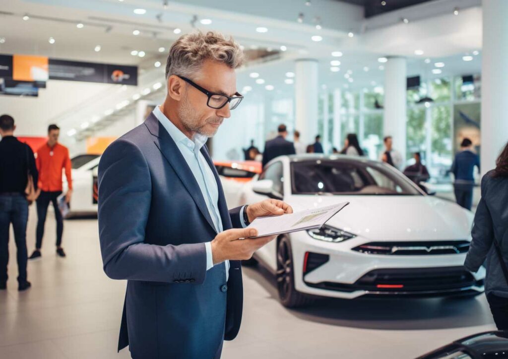 An intrigued man in a suit is looking at a clipboard in a car showroom, contemplating the advantages of getting an electric car.