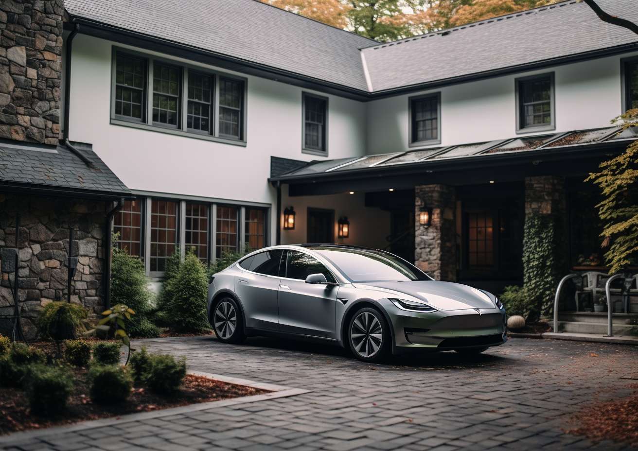 The Tesla Model 3 is parked in front of a stone house.