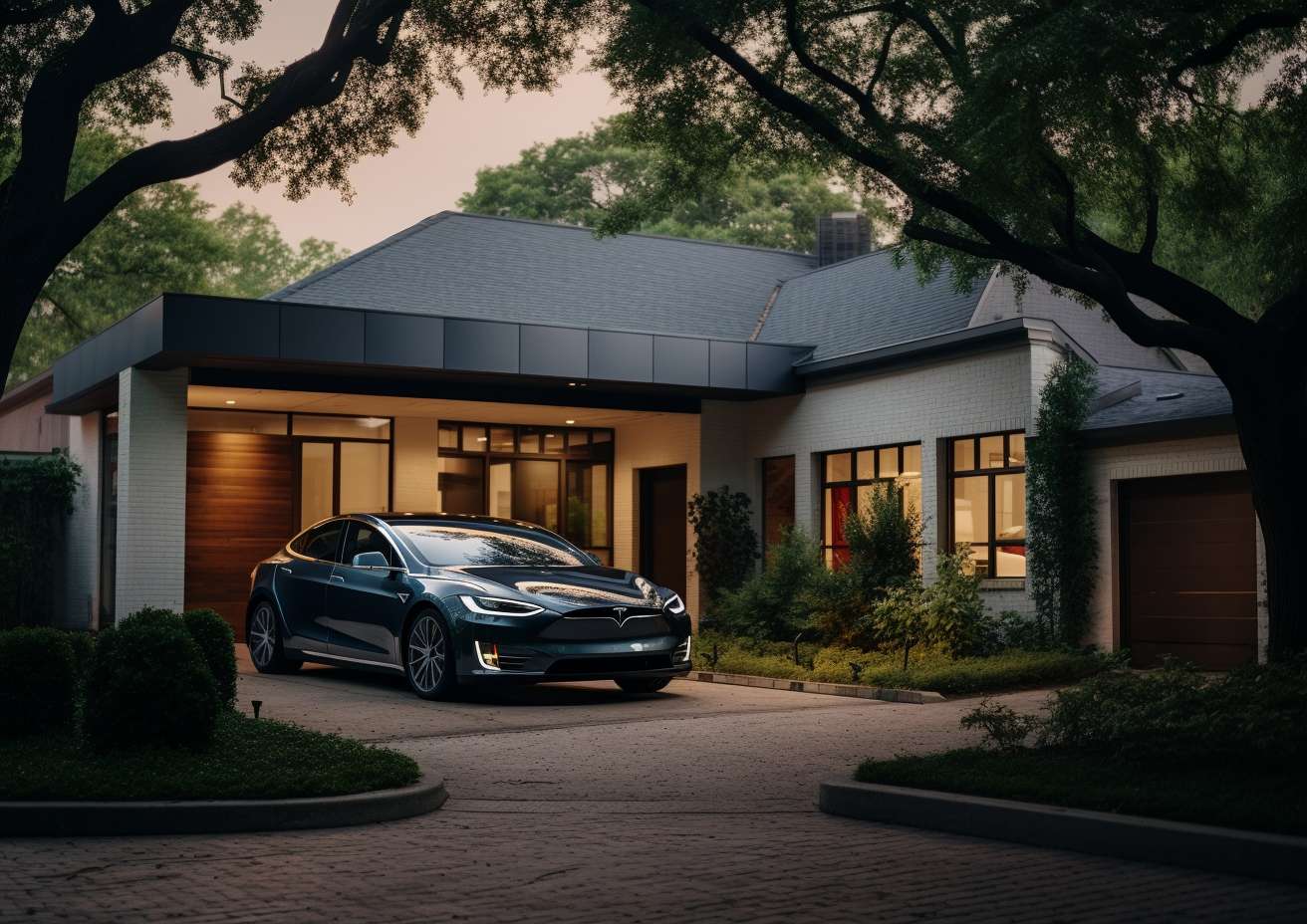 A Tesla Model X parked in front of a house in Dallas, TX at dusk.