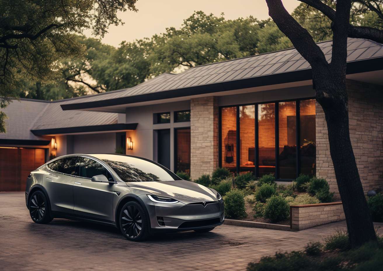 The Tesla Model X is parked in front of a house, where an EV charger was installed in Houston, TX.