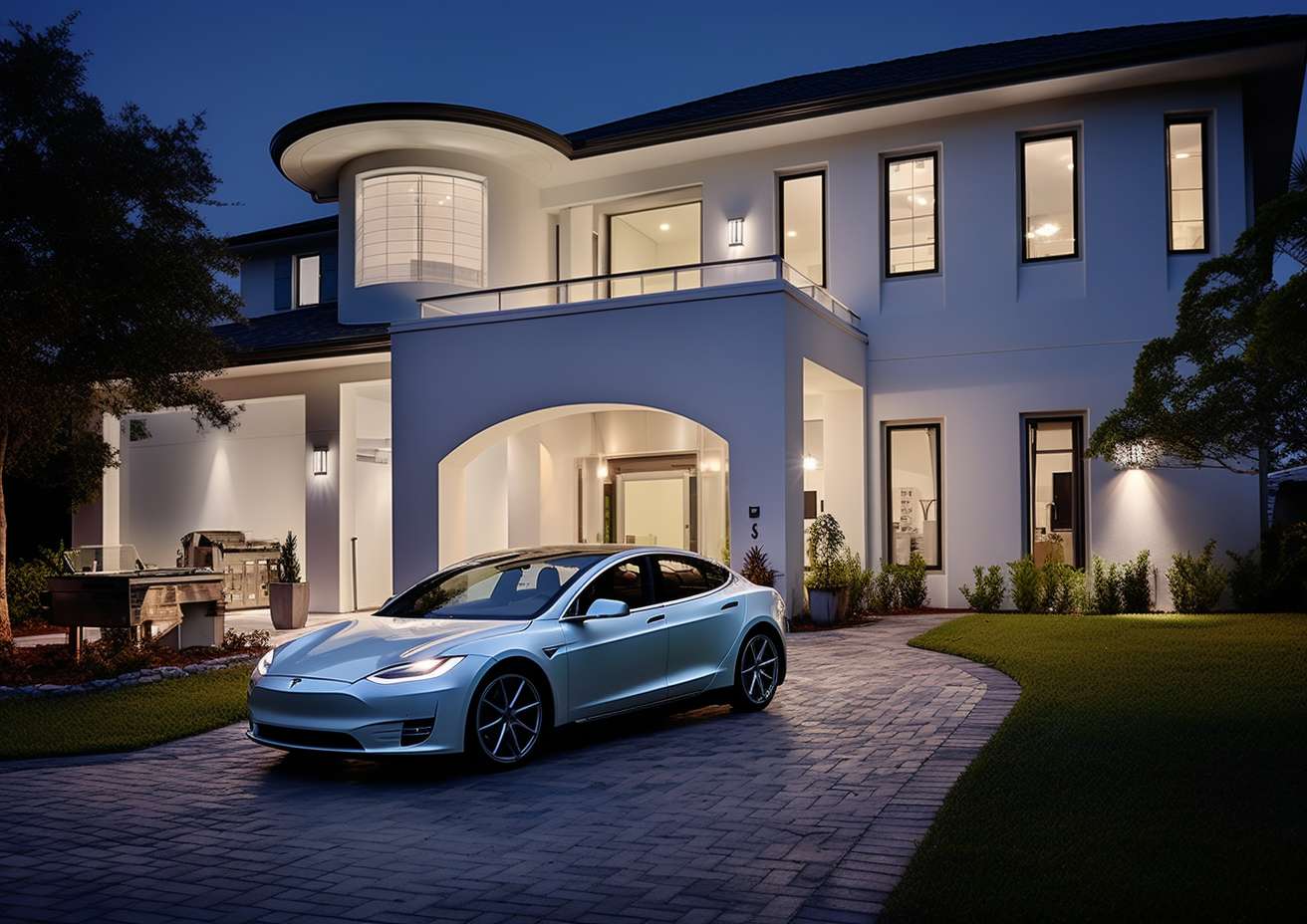 A Tesla Model 3 parked in front of a home in Jacksonville, FL at night.