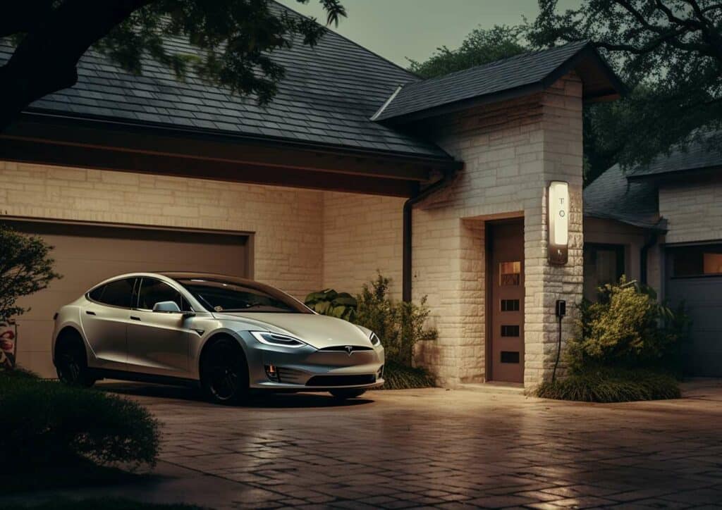 A Tesla Model S parked in front of a house at night, showcasing an EV charger installation in Los Angeles, CA