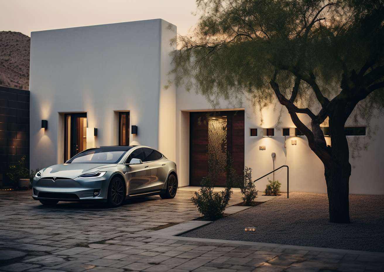A Tesla Model X parked in front of a house at dusk, with an EV charger installation in Phoenix, AZ.