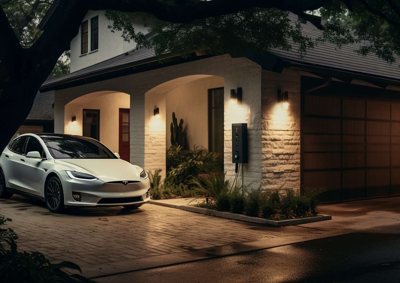 A Tesla Model X parked in front of a house at night, highlighting the presence of an EV charger installation.