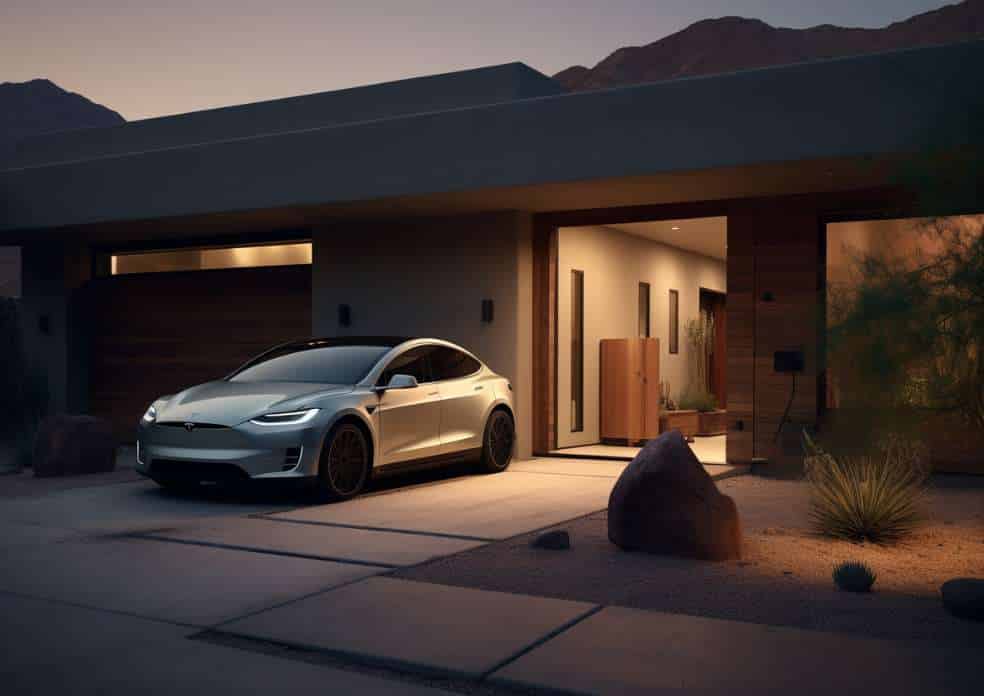 The Tesla Model Y, an electric vehicle (EV), is parked in front of a Tucson, AZ house at dusk.