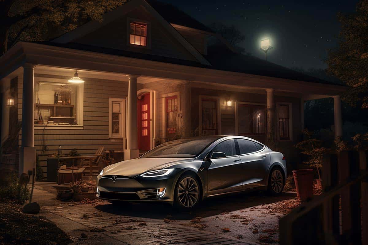 A Tesla Model S parked in front of a house at night, showcasing its charger installation.