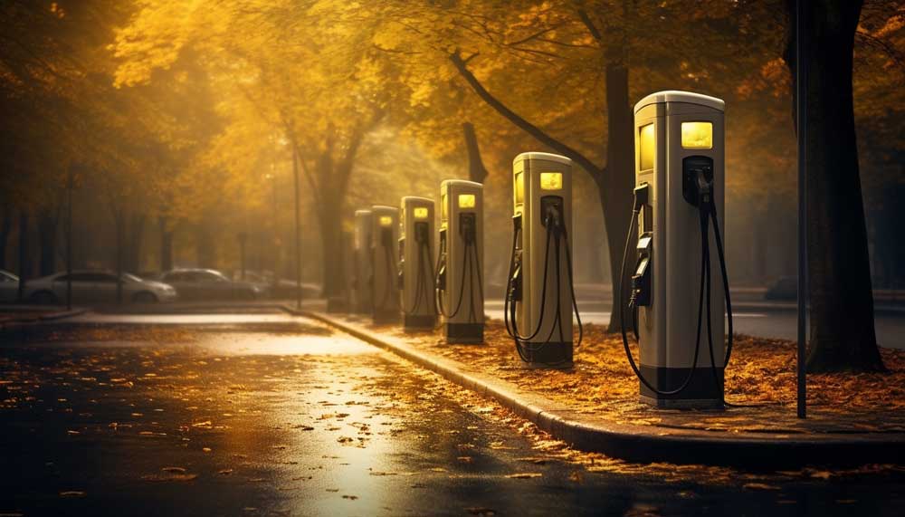 A row of electric car chargers on a street in autumn for EV charging.