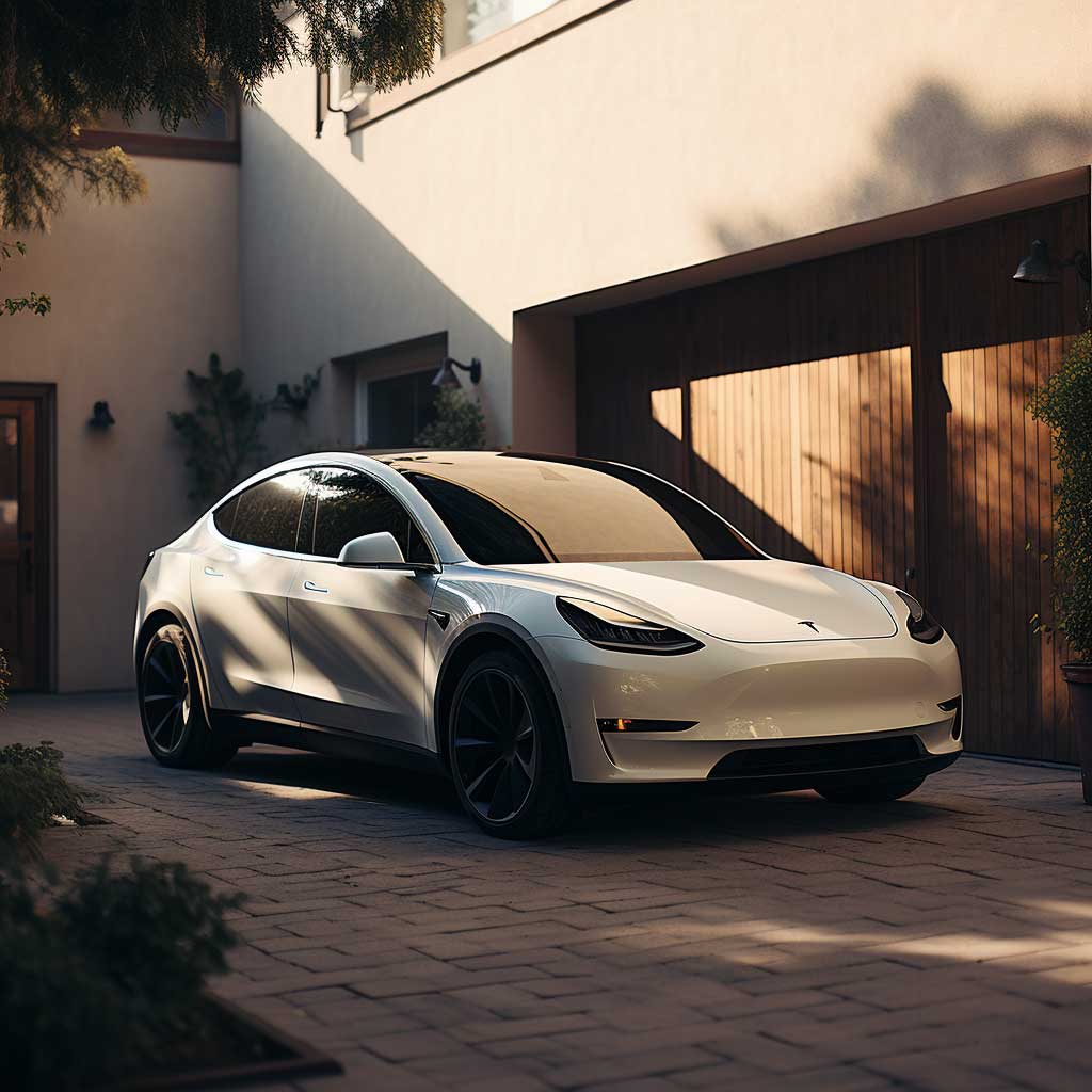 A white Tesla Model Y parked in front of a house, showcasing EV charging capabilities.