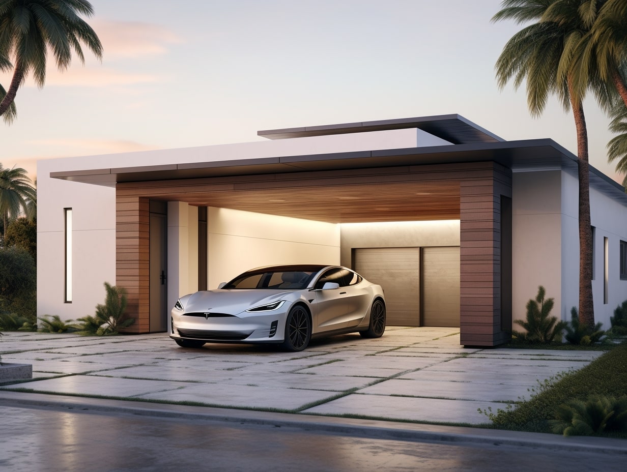 A Tesla Model S parked in front of a house with palm trees, showcasing its home charger installation.