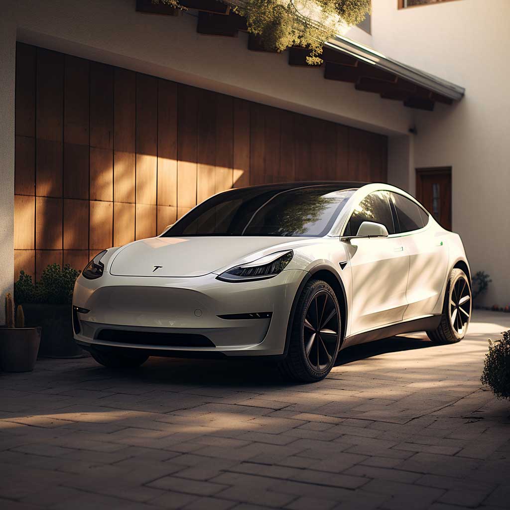 A white Tesla Model Y parked in front of a house with a Tesla charger installation nearby.