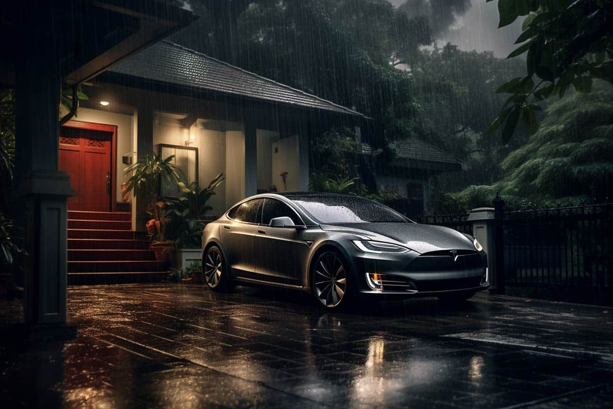 Tesla parked in front of house, raining outside, electric car covered being rained on