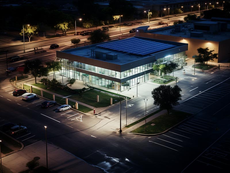 An aerial view of a building at night with a LED lighting, solar panels on roof, and EV charging stations.