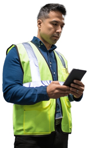 A man wearing a reflective vest and using a cell phone for wattlogic.