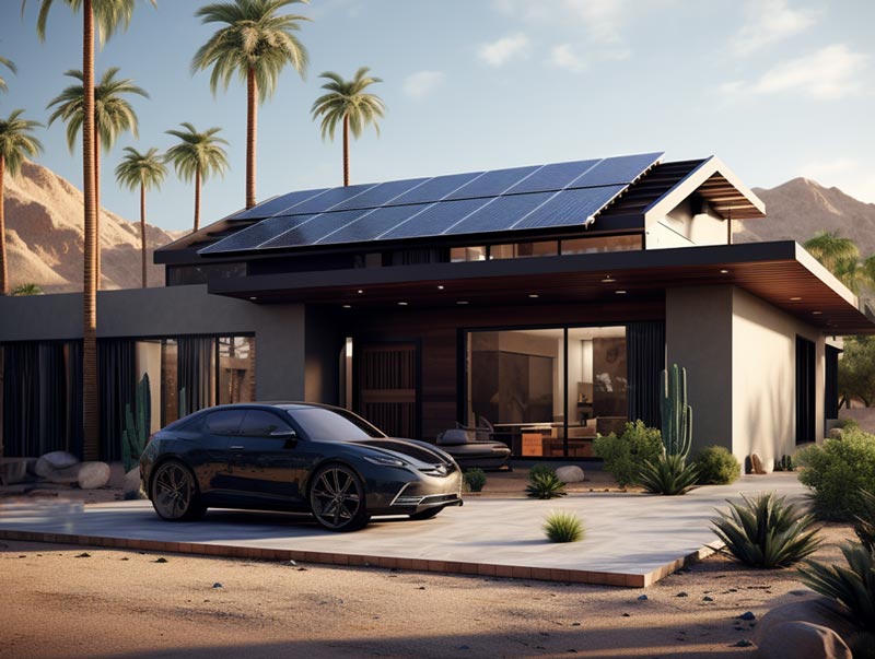 A house in the desert with solar panels on the roof, equipped with WattLogic EV charger.