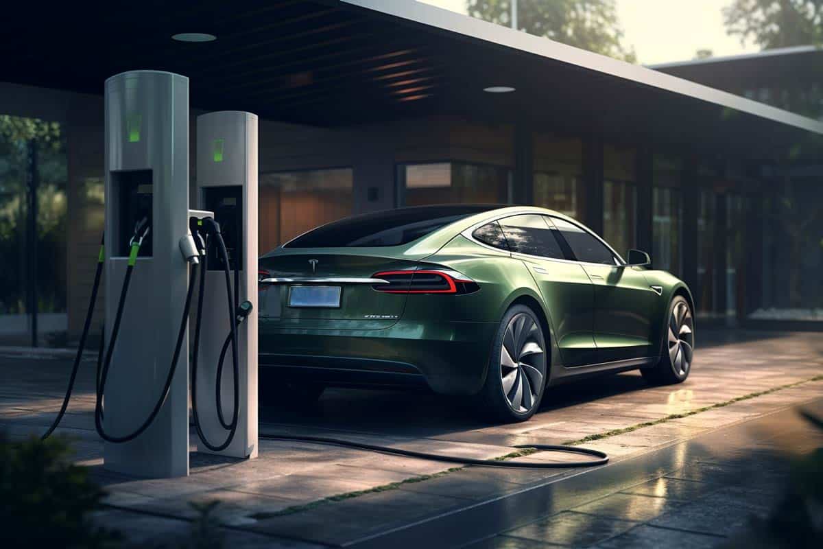 A green Tesla Model S parked at a charging station, prompting the question of whether to buy an electric car.