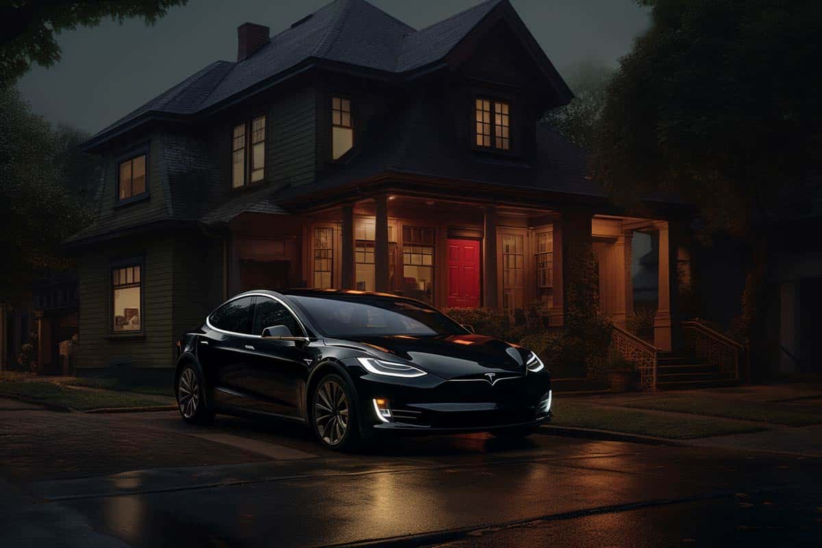 A black Tesla Model S parked in front of a house at night, near a home charger.