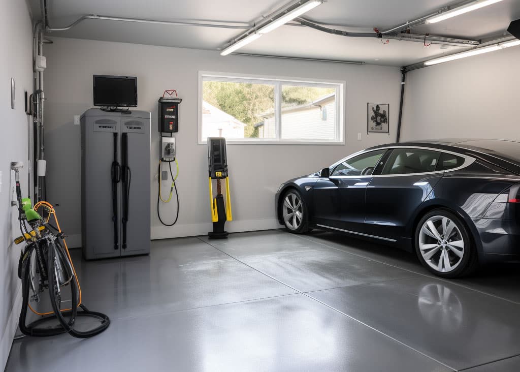 A Tesla Model S parked in a garage with level 2 EV charger installation.