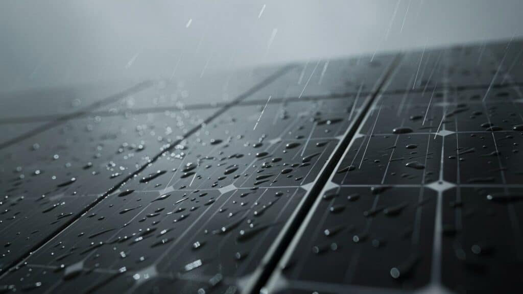 Close up image of solar panels while raining