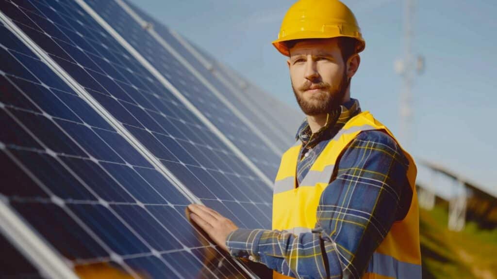 An electrical contractor in front of the solar panels