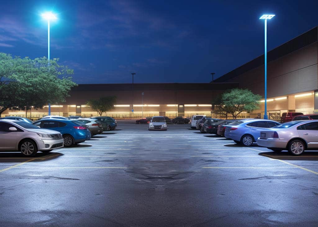 A parking lot at night with cars parked in it, illuminated by commercial LED parking lot lights.