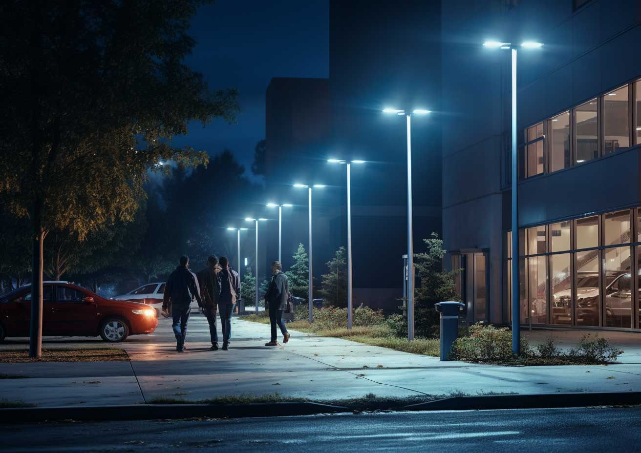 A group of people walking down a street at night.