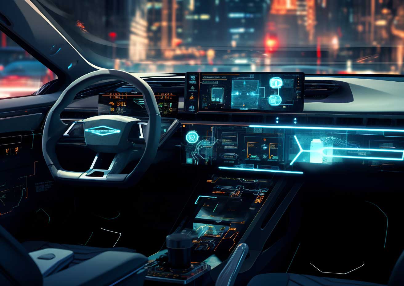The sleek interior of a futuristic car at night.