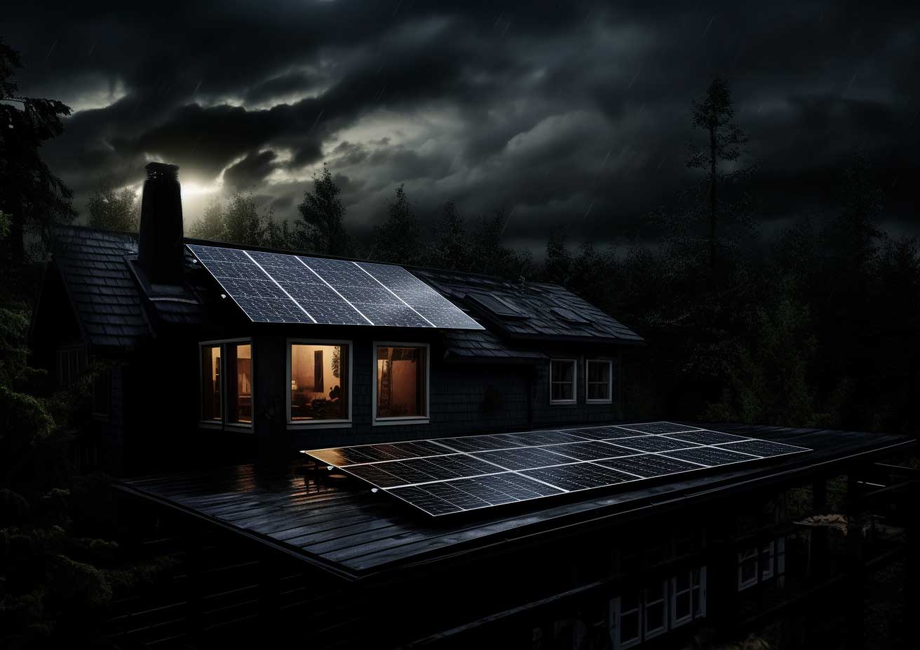 Solar panels on the roof of a house at night, showcasing the disadvantages of solar energy.