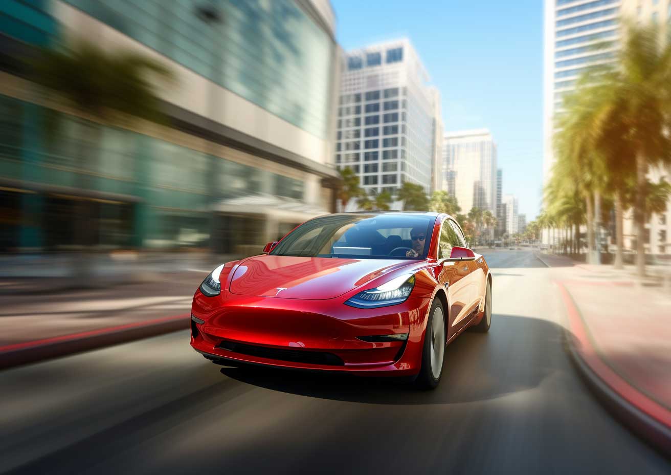 The Tesla Model 3 is driving down a city street, demonstrating its oil-free technology.
