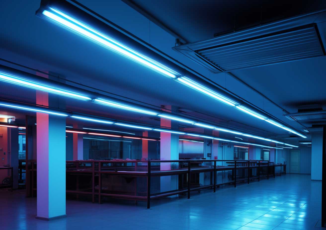 A long hallway with fluorescent lights, while considering the advantages of LED lighting.