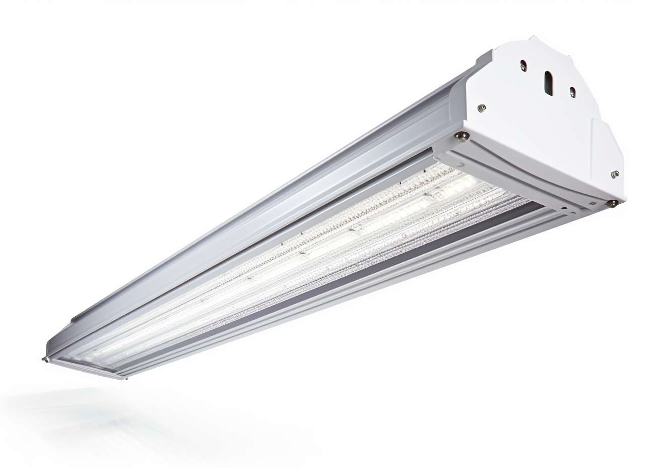 An industrial high bay led light fixture on a white background.