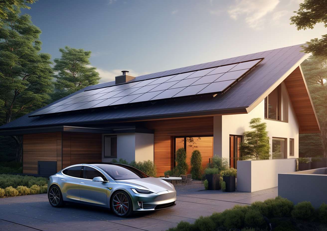A Tesla Model S parked in front of a house with solar panels, demonstrating the synergy between solar energy and electric vehicle charging.