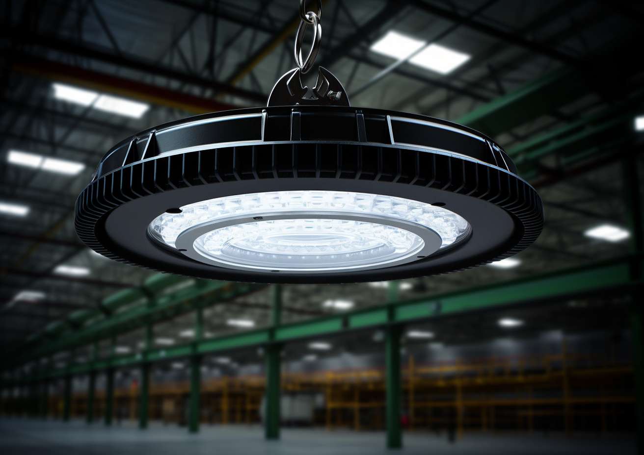An industrial lighting fixture hanging in a warehouse.