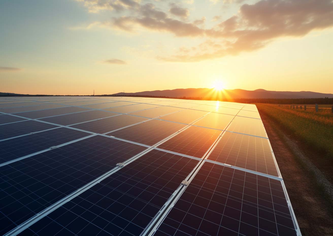 The sun is setting over a solar panel field, highlighting the advantages of solar energy.