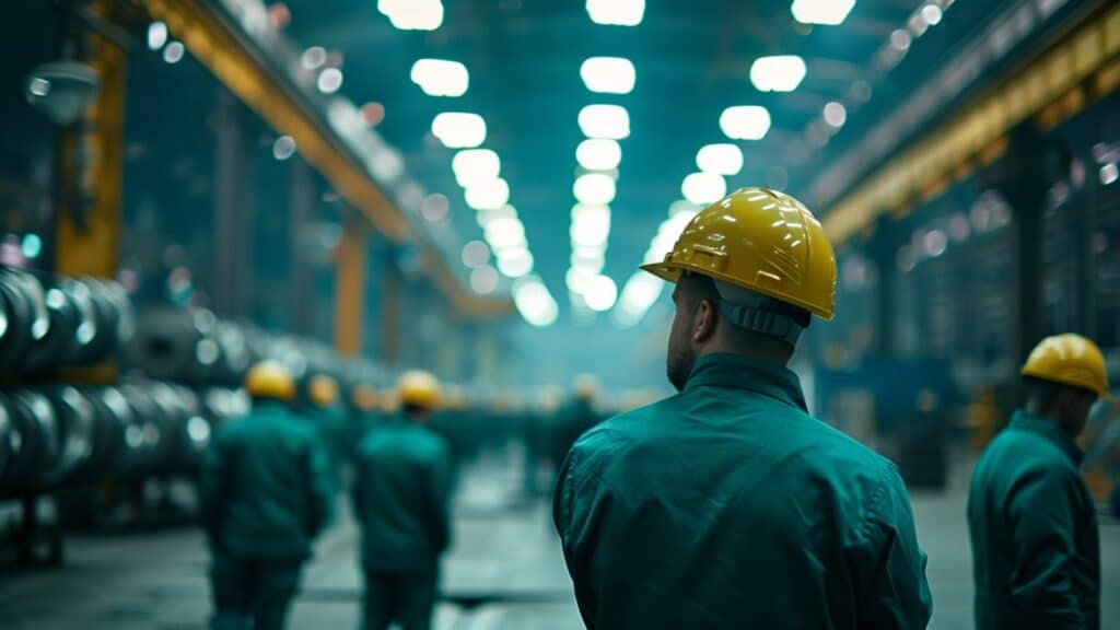 A group of workers in hard hats in a factory.