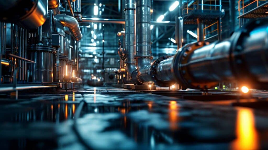 A factory with pipes and lights in the background.