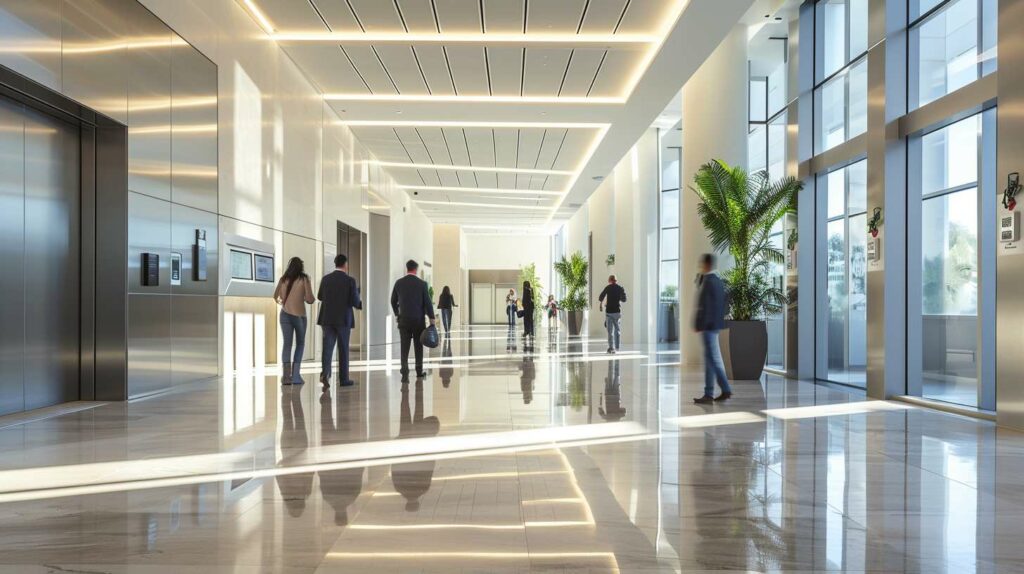 People walking down a hallway in a modern office building.