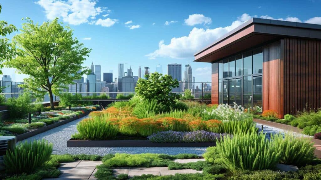 A rooftop garden with plants and a view of the city.