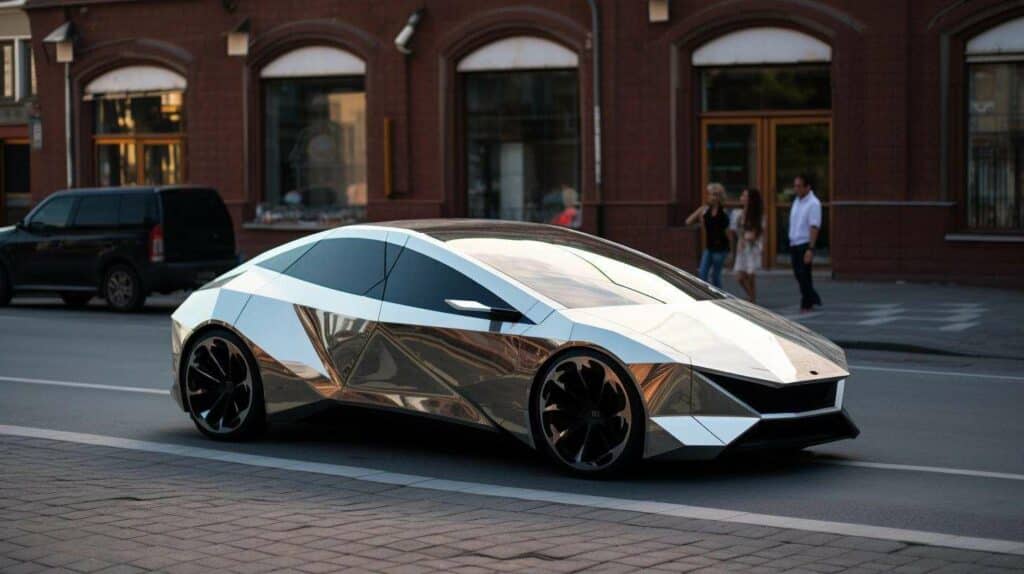 A futuristic silver car is driving down the street.
