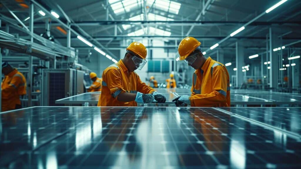 Two workers working on solar panels in a factory.
