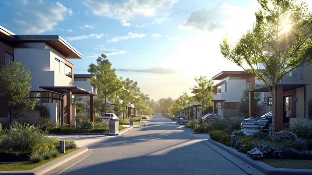 3d rendering of a residential street with houses and trees.