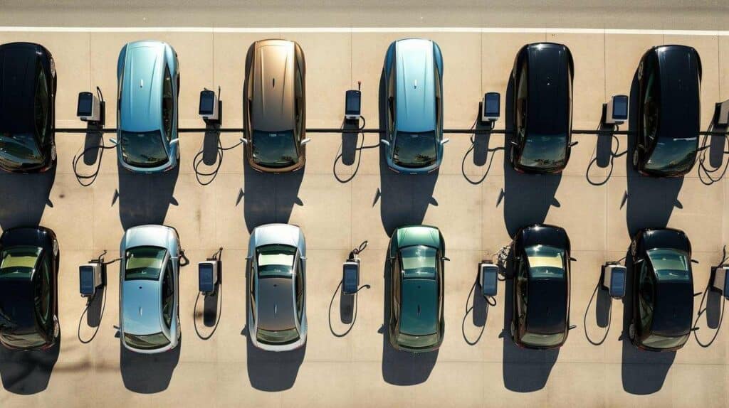 A group of cars parked in a parking lot.